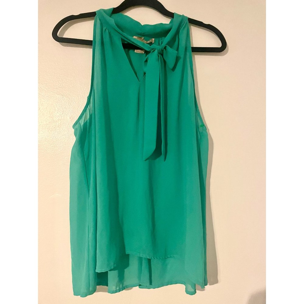 Teal Flowy V-Neck Dressy Mesh Shirt with Buttoned Back Size L